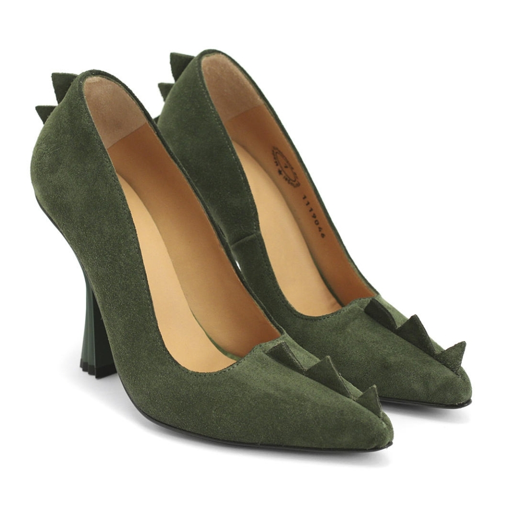 John Fluevog Queen of the Skies Neptune Green Suede Leather Sculptural Heels 6.5